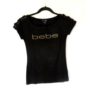 Nwt BEBE Black Logo Top Shirt w/ Gold Rhinestone Women Sz M